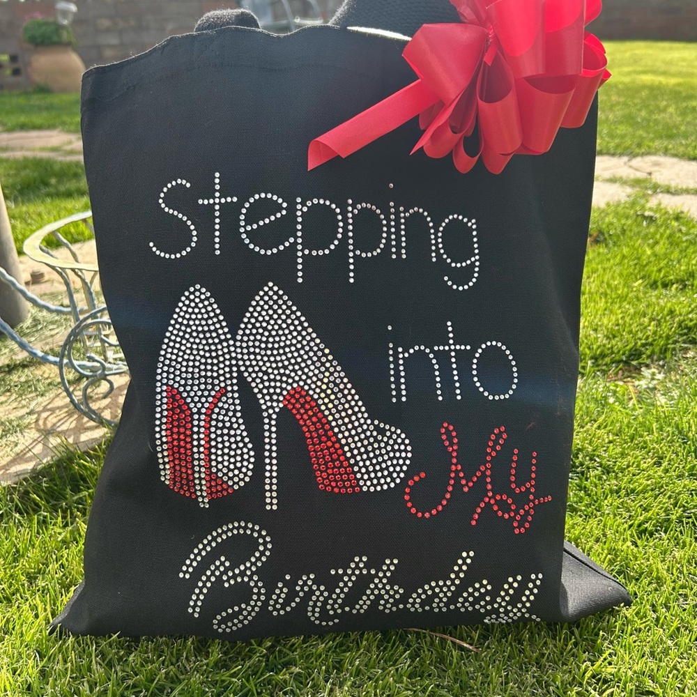 Black Birthday Rhinestone Canvas Embellished Tote Bag NWT